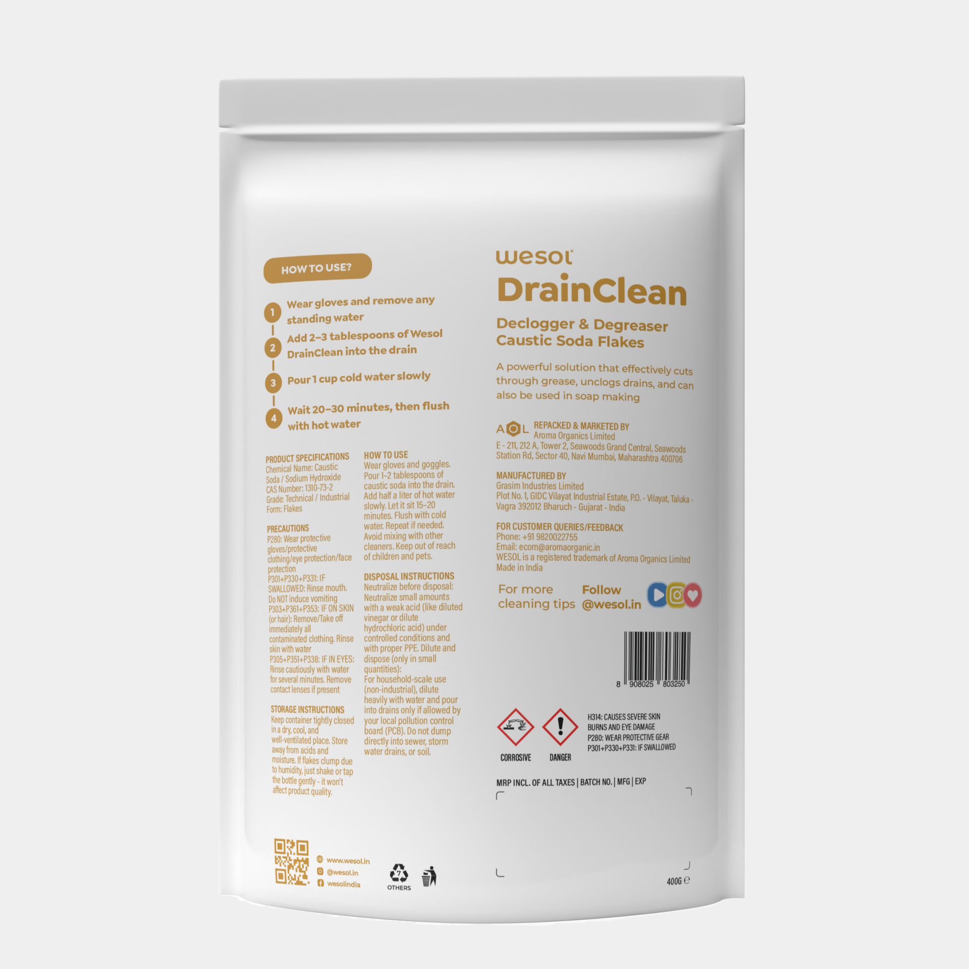 Wesol Drain Clean Drain Cleaner Powder 400g | Powerful Sink & Pipe Unclogger | Removes Grease, Hair & Tough Blockages | Fast Acting for Kitchen, Bathroom & Chimney