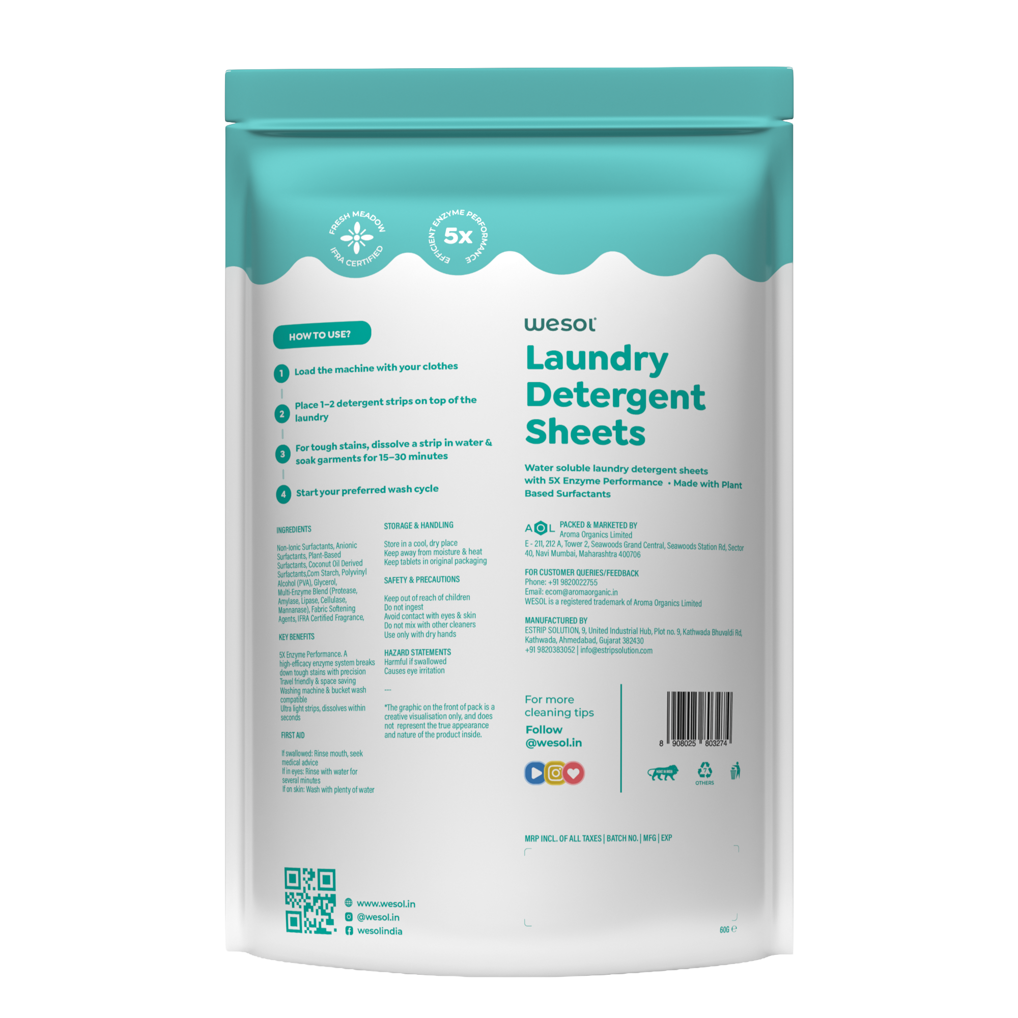 Wesol Laundry Detergent Sheets – 15 Sheets (30 Strips) | 1 Sheet = 2 Strips | Up to 30 Loads | Water-Soluble Laundry Detergent | Suitable for Top Load, Front Load & Bucket Wash